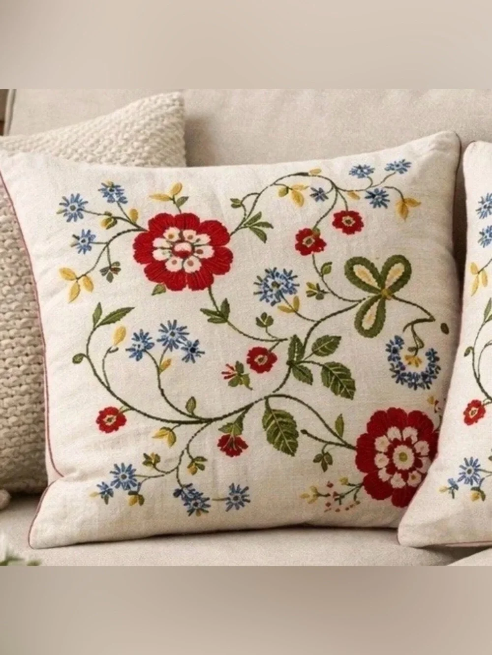 IKEA Alvine Flora Elegant Embroidered Floral Stripe Button Closure Accent Pillow